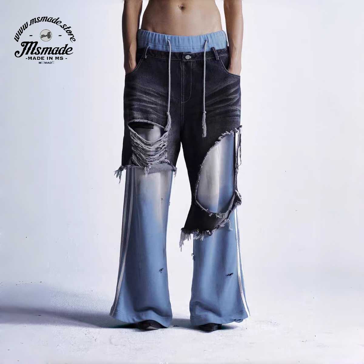 M022拼接牛仔撞色假兩件喇叭褲