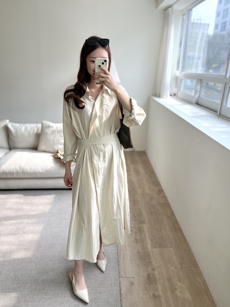 Minimal Belted Shirt Dress (Light Beige)