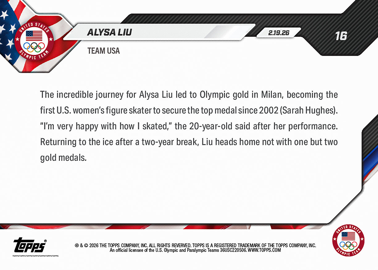 Alysa Liu - 2026 Olympics Topps NOW® #16 冬奧女子花滑金牌卡｜PR 22,654