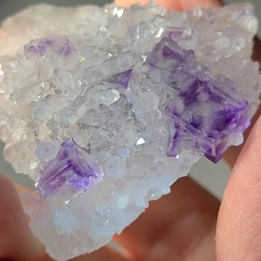 Blue and purple cubic fluorite on baby quartz - FL142