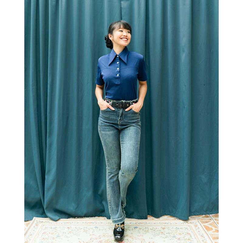 C.a. 1970s American Vintage Royal Blue Polo Shirt with White Buttons(MT1502)