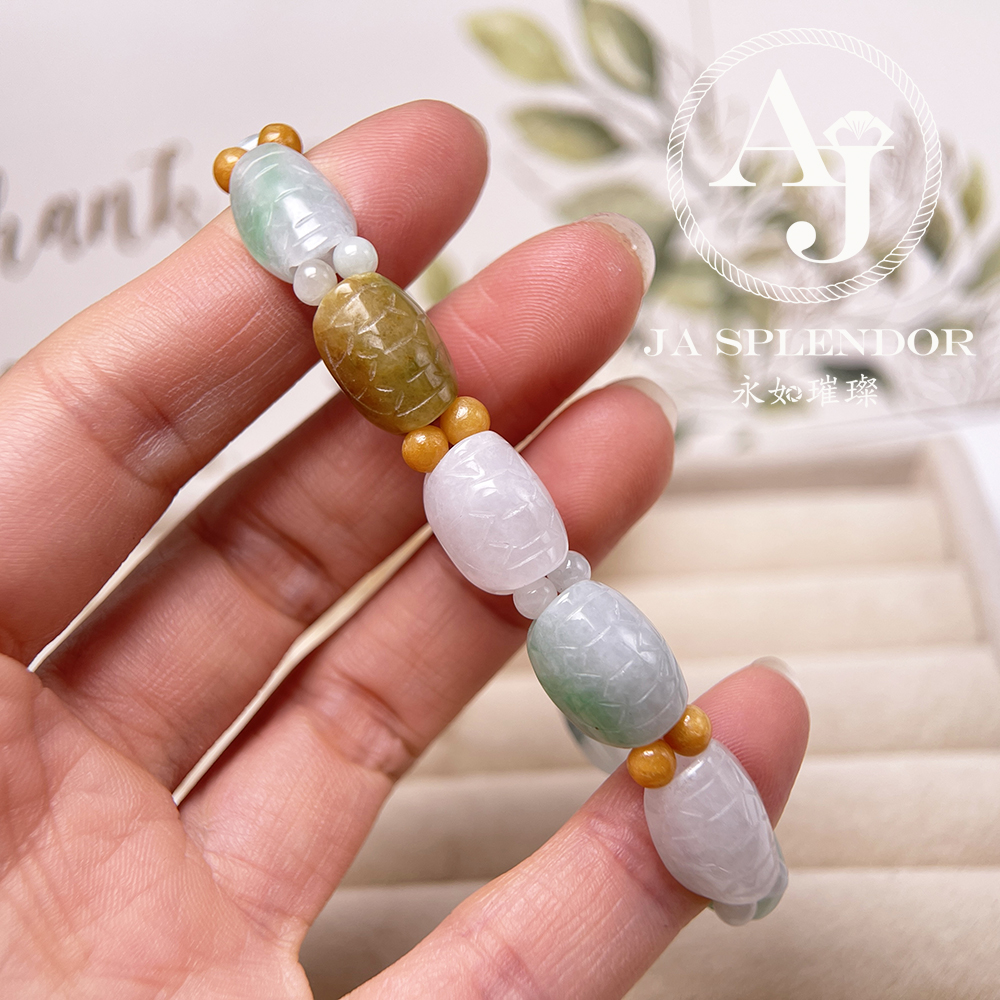 OF-06-J 天然翡翠A玉 - 冰潤三彩長壽吉祥龜貝手串