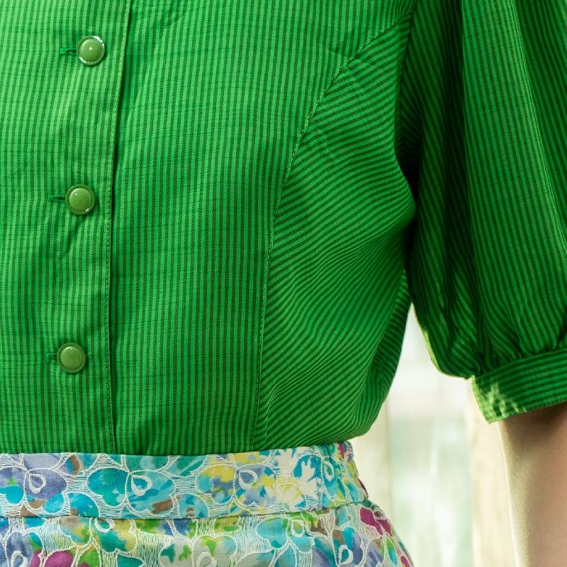 Vintage Japanese Green Vertical Stripe Pattern Mid-Sleeve Peplum Button-Up Top（MT2068)