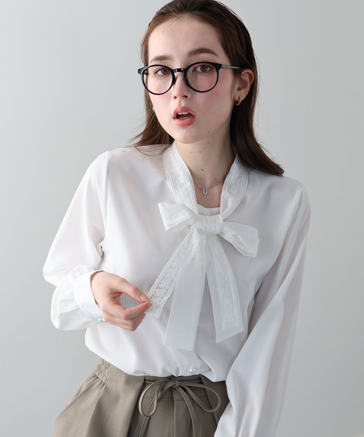 <JP> Lace Ribbon x Pearl Shirt Blouse * 3色入 <預購>