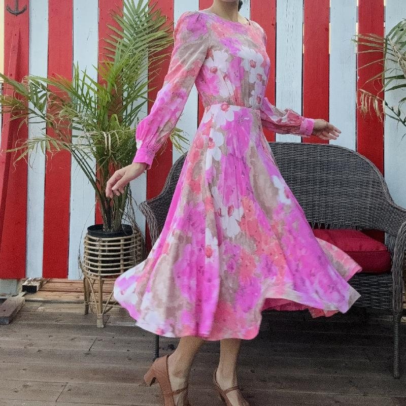 Vintage Artistic Ink Painting Floral Art Pattern Long Sleeve Light-weight Dress(MT1625)