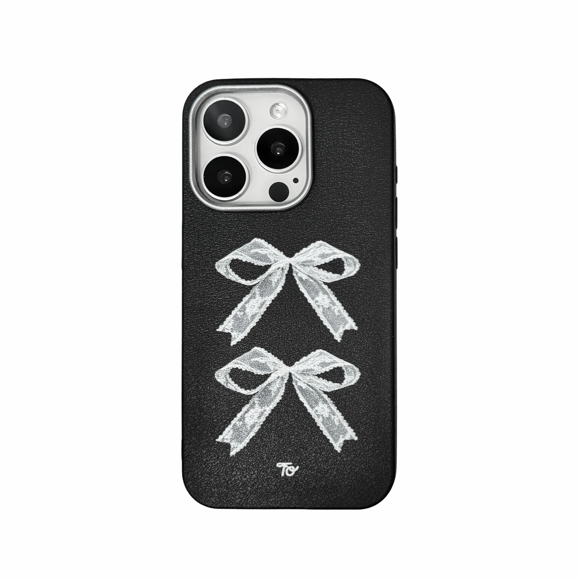 【雙白蕾絲蝴蝶結XPU皮革*黑*】iPhone Case