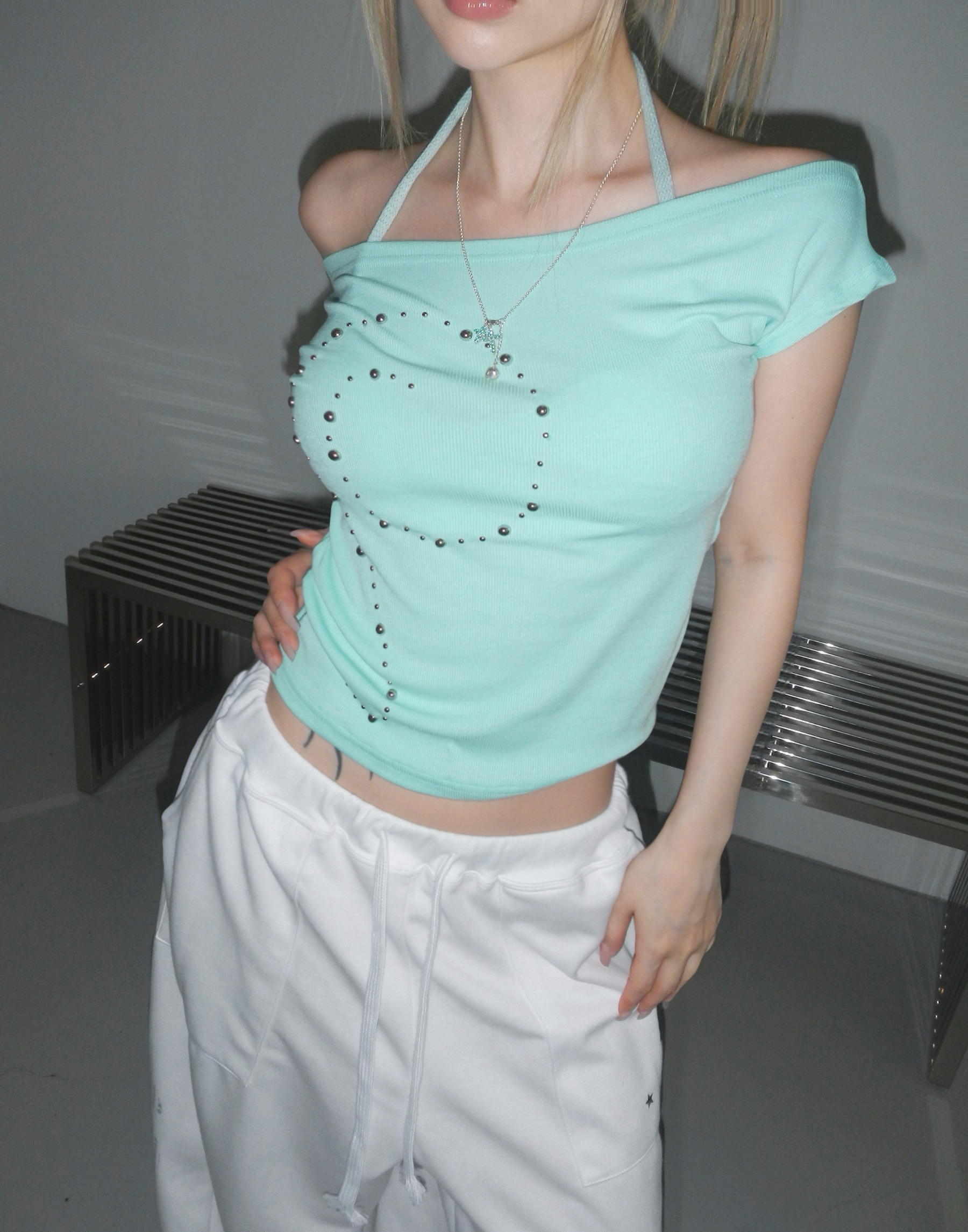 Studded Off-Shoulder Short Sleeve Top