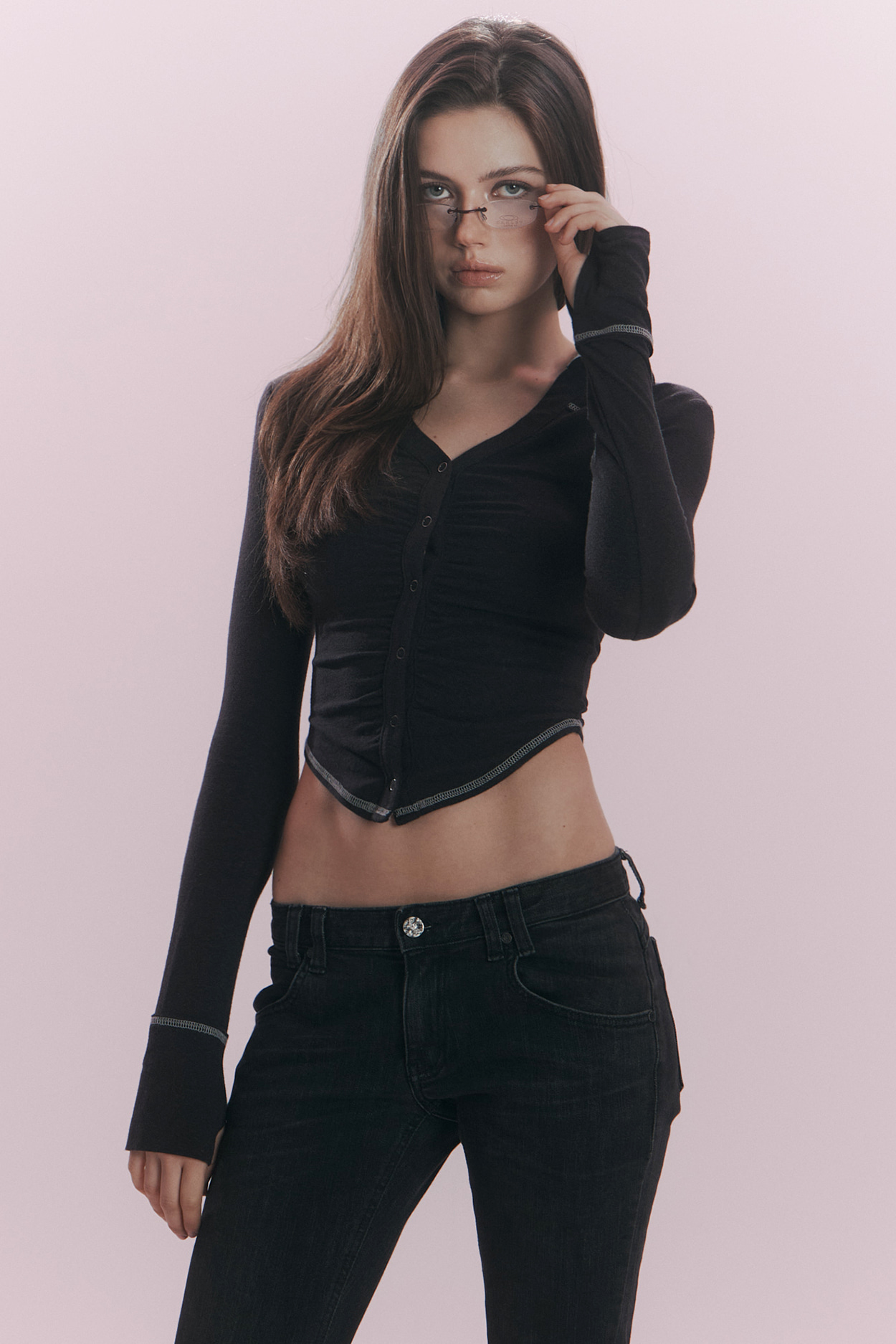 pleaseNOFOLLOW - Mamie Snap Button Slim Shirts (Black)