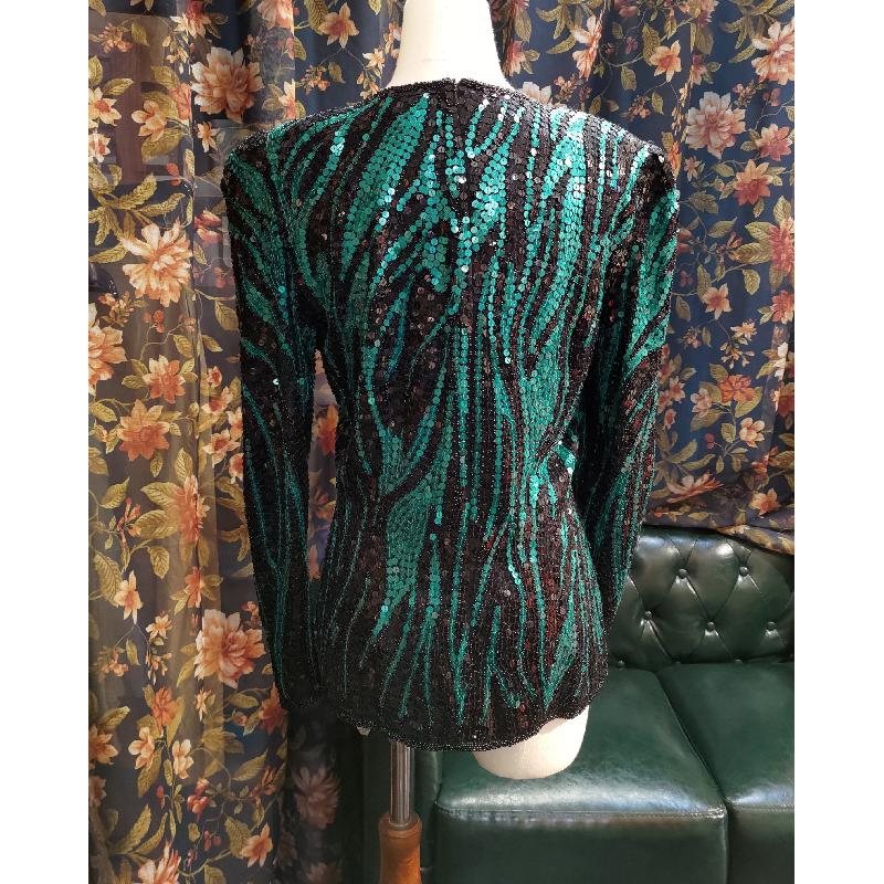 1980s Oleg Cassini by He-ro industries co. Hand-Stitched Green & Black Sequin Silk Disco Top (ZA115)