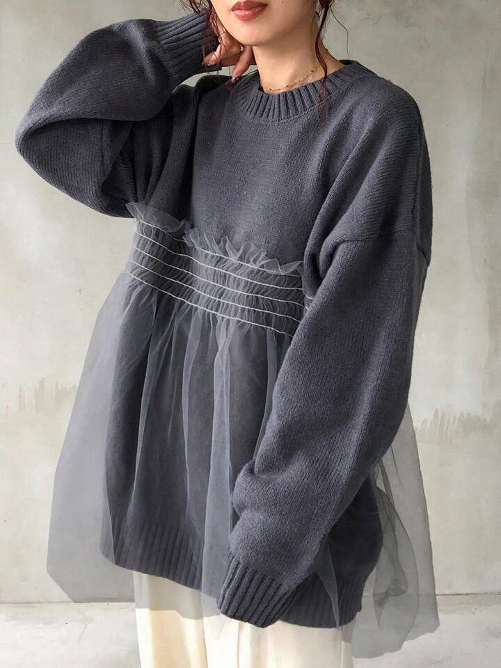 優雅針織拼接薄紗上衣