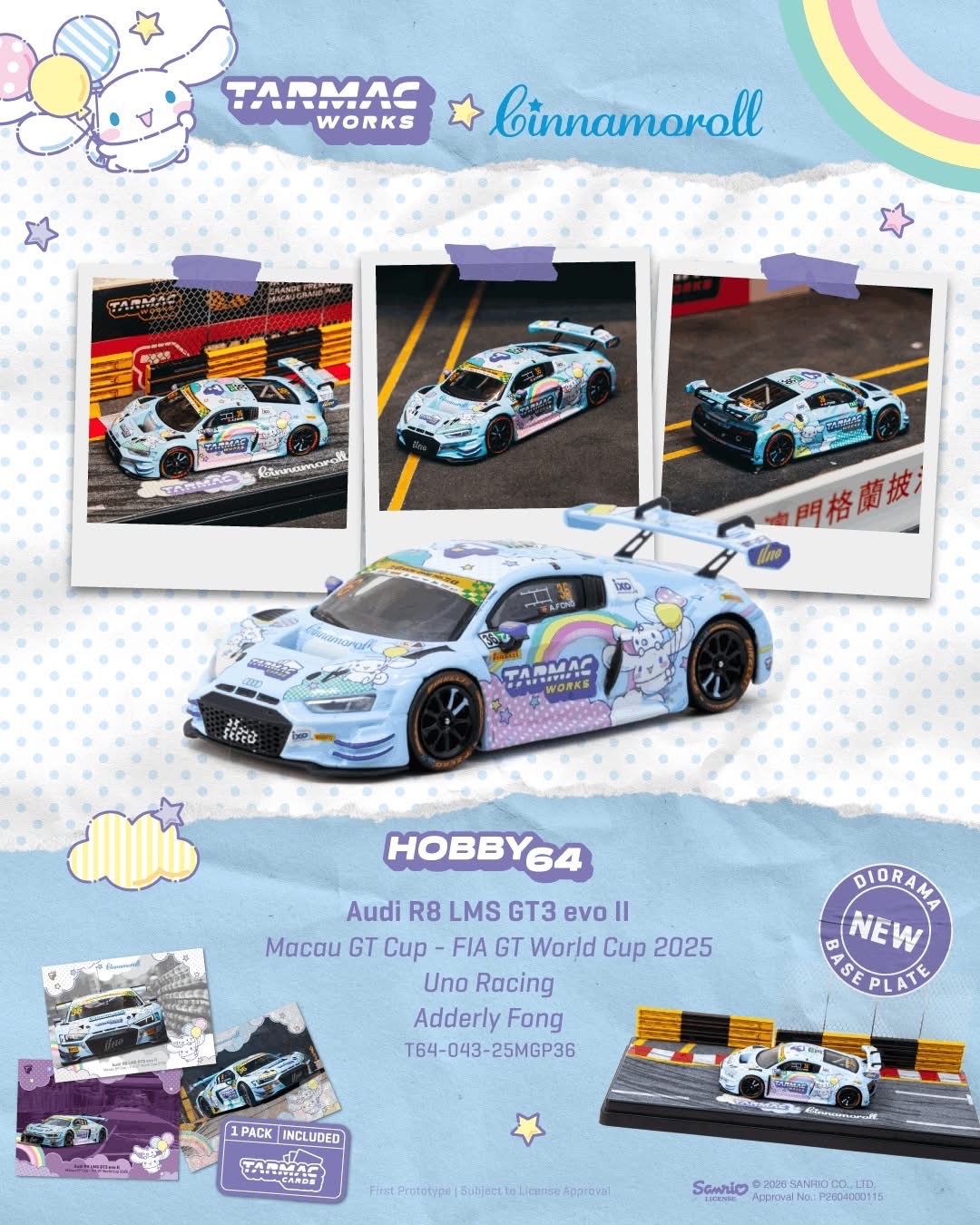（預訂 Pre Order) Tarmac Works  ( T64-043-25MGP36 ) Audi R8 LMS GT3 evo II Macau GT Cup - FIA GT World Cup 2025 Uno Racing Adderly Fong Model Car + Trading Cards Combo Set
