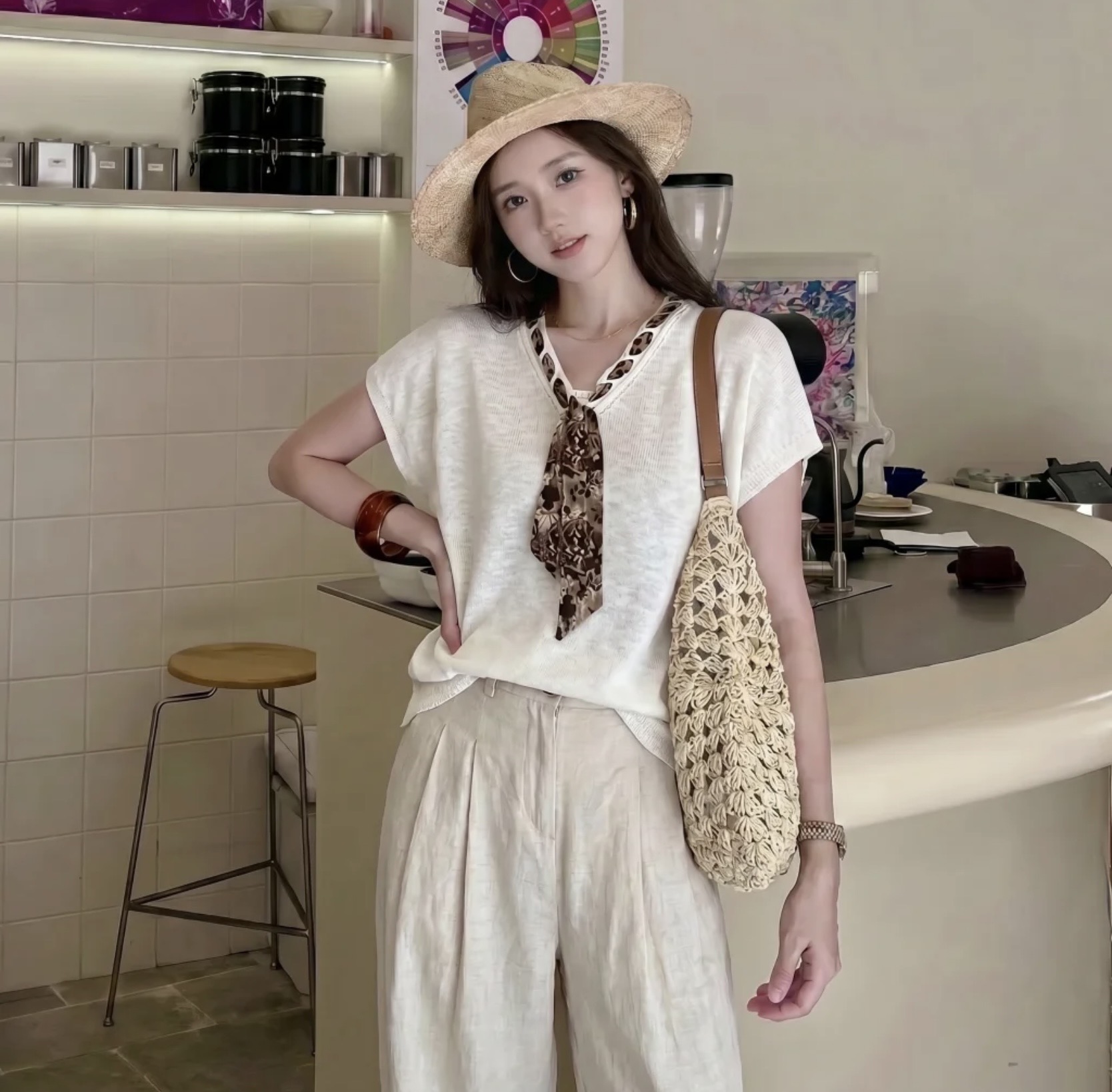波西氛围感丝巾短袖上衣 Boho Chic Scarf Top