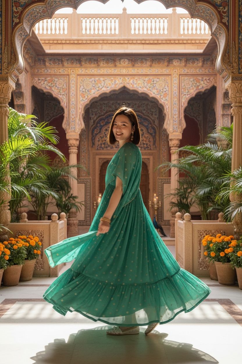 Bright Green Chiffon Sleeveless OP with Scarf  #1362