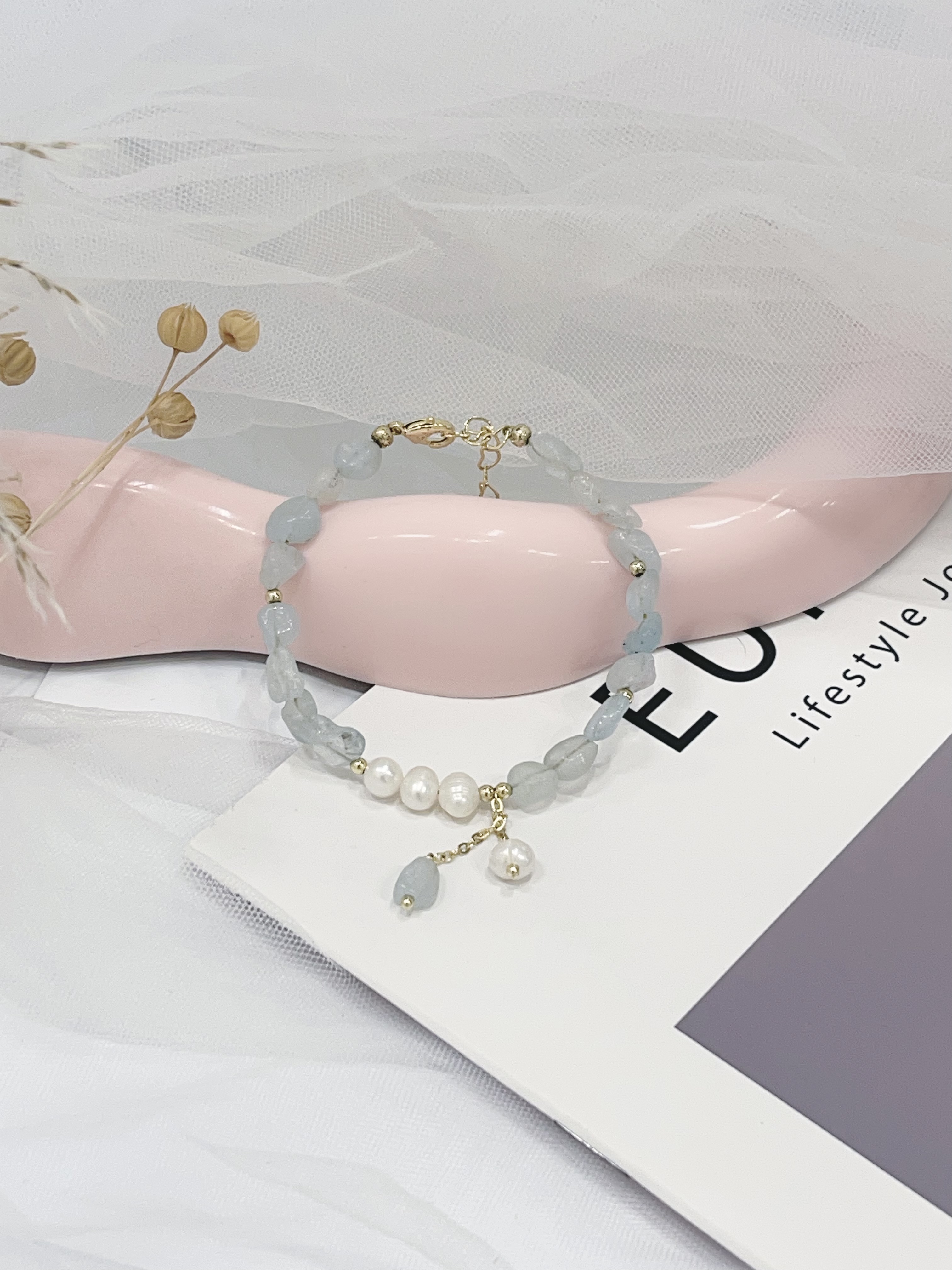 🌊 海蓝宝碎石 × 淡水珍珠手串 Aquamarine Chip & Freshwater Pearl