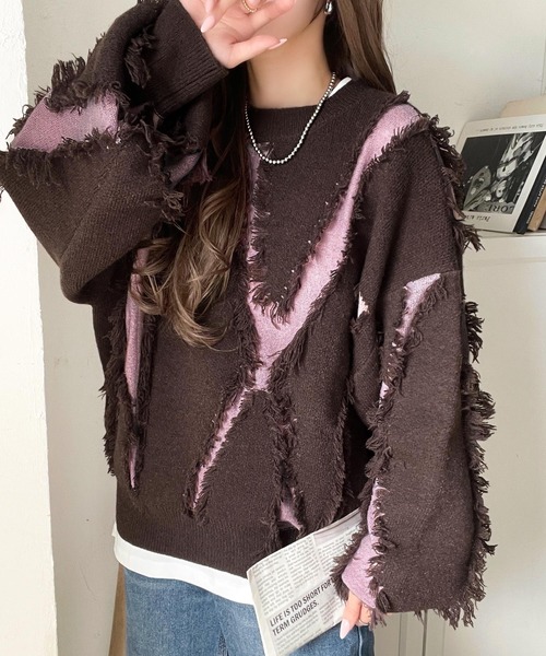 不規則流蘇拼色針織上衣【JT019】