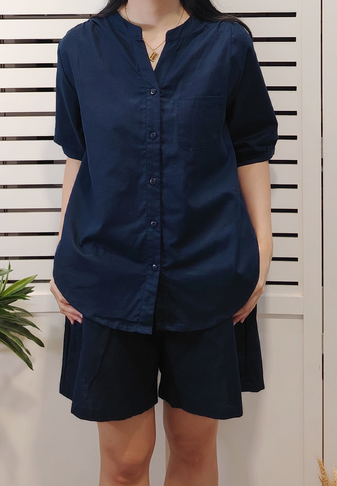 H9151 Cotton Linen Set Short Sleeve Shirt With Short Pant