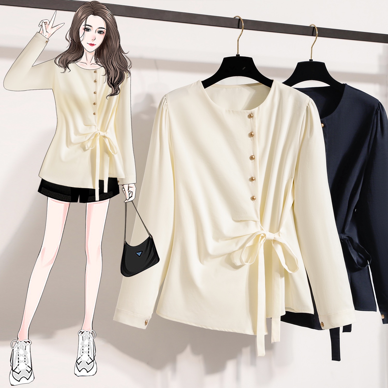 B310(8009) 法式休闲边排金钮腰边褶皱系带蓝杏上衣 