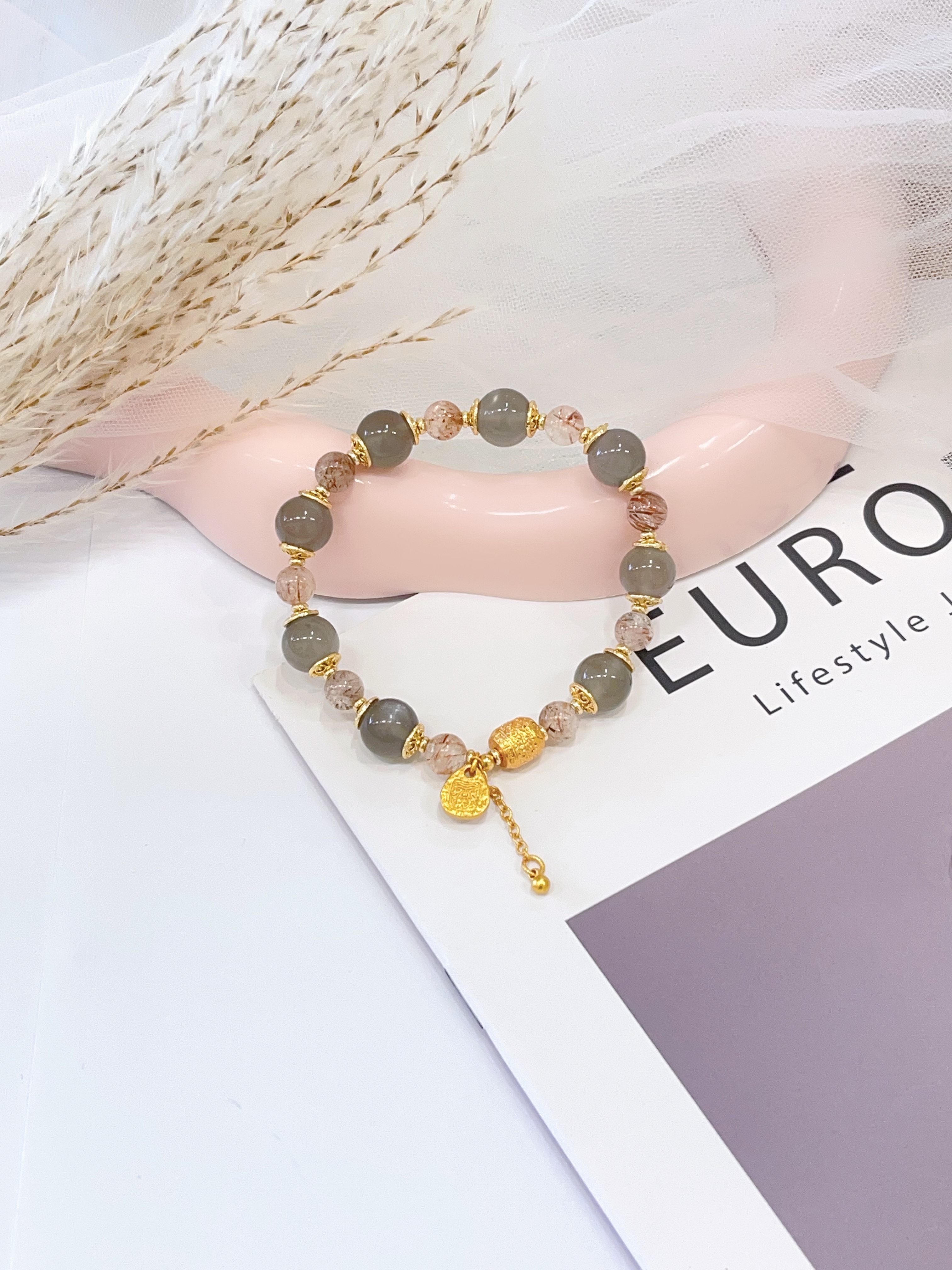 🌙 银月光 × 黑超手串 Silver Moonstone & Black Super Seven