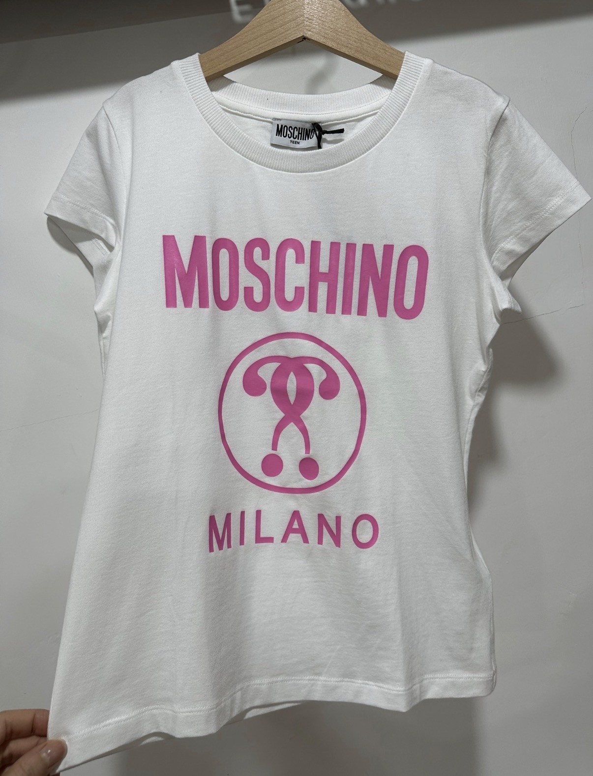 Moschino 螢光粉紅Logo及圓形圖案Print白色Tee（童裝12碼）