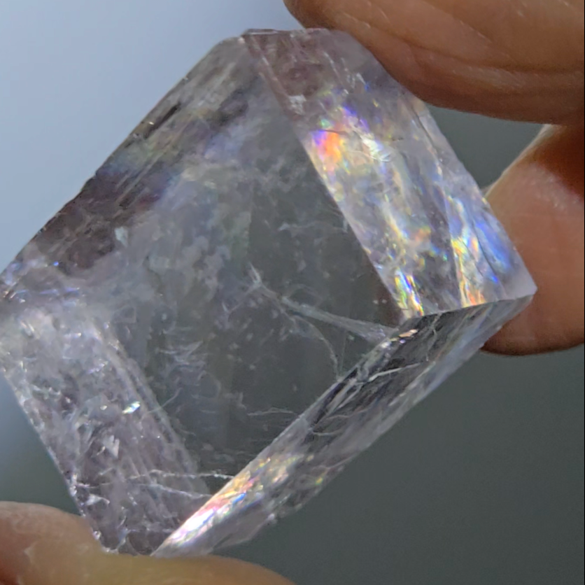 Purple calcite cube with rainbows - PC14