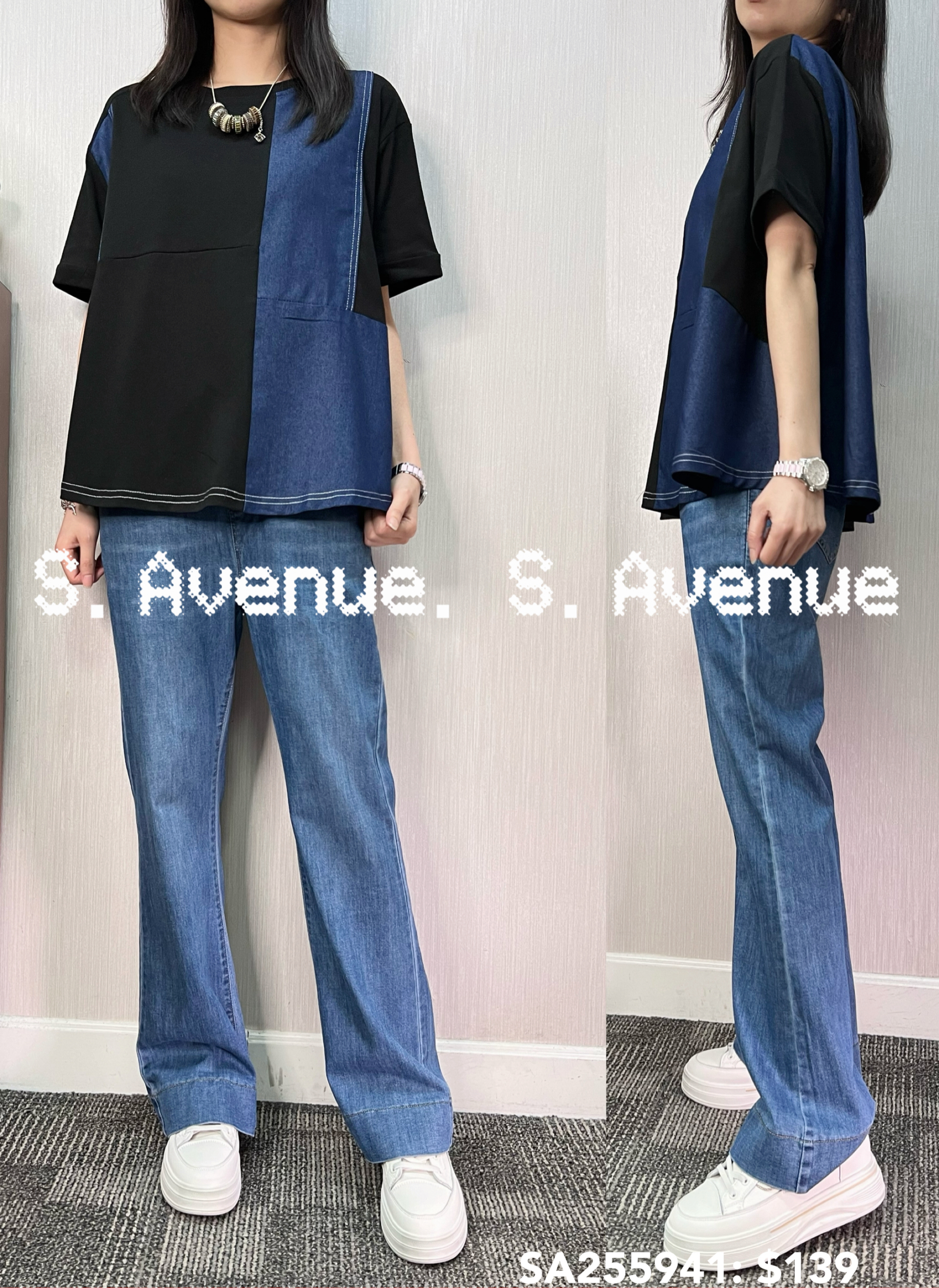 SA255941: 短袖拼牛仔娃娃tee