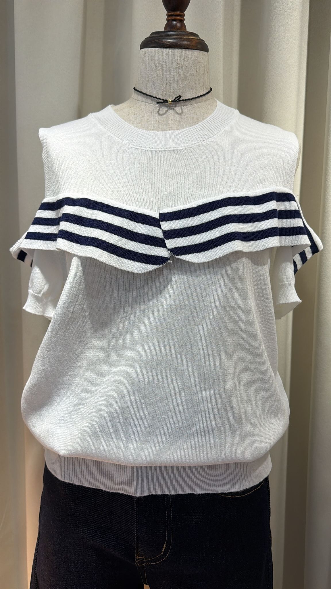 優雅條紋荷葉邊露膊針織衫