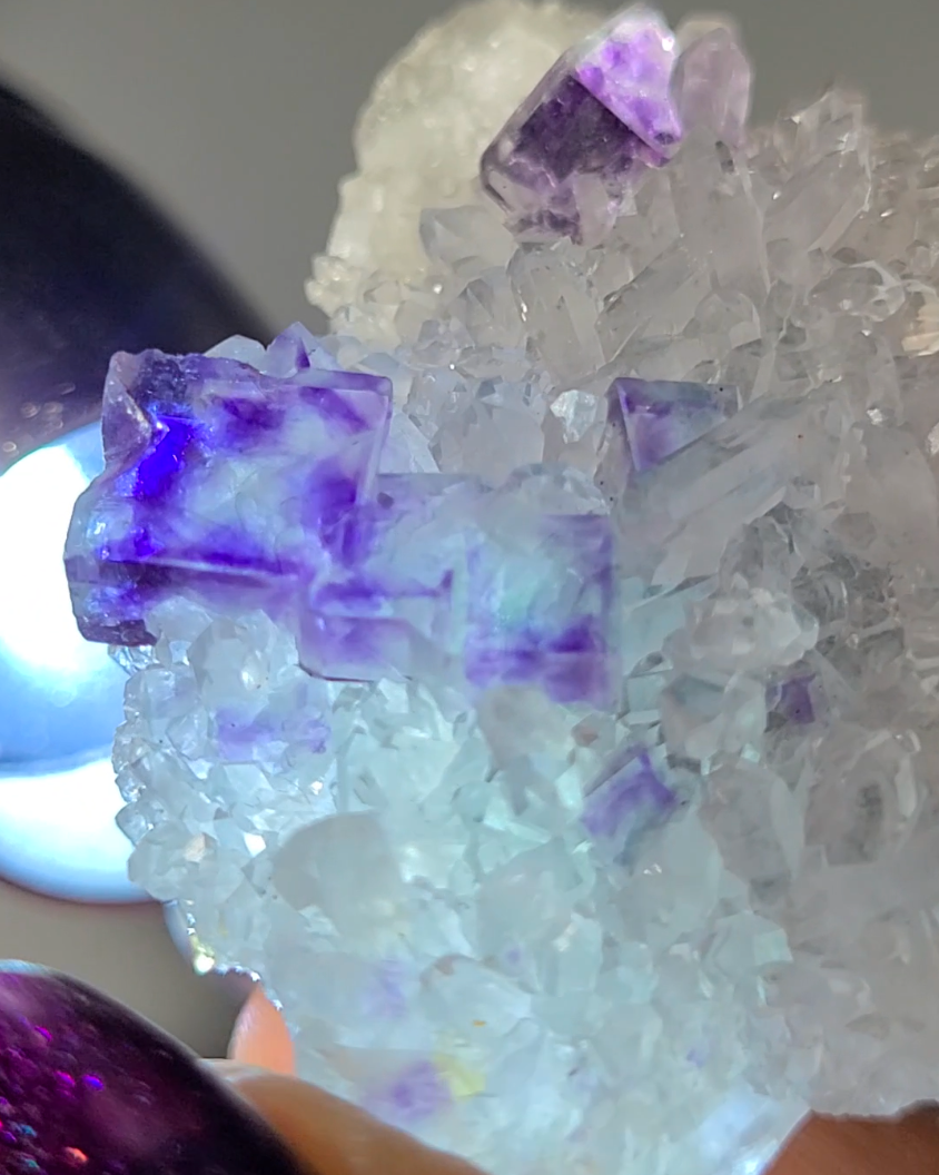 Blue and purple cubic fluorite on baby quartz - FL142