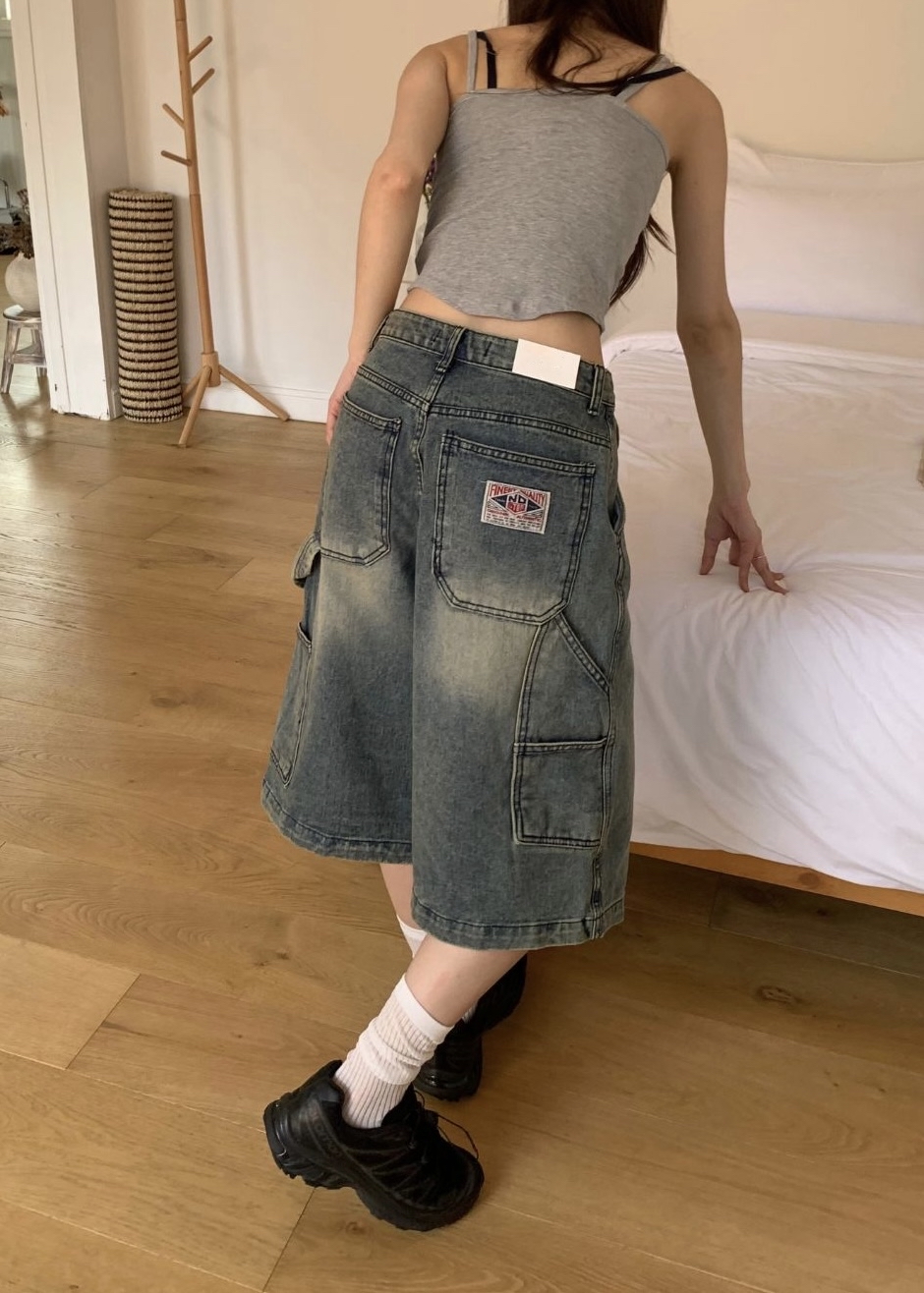 Washed Cargo Denim Bermuda Shorts