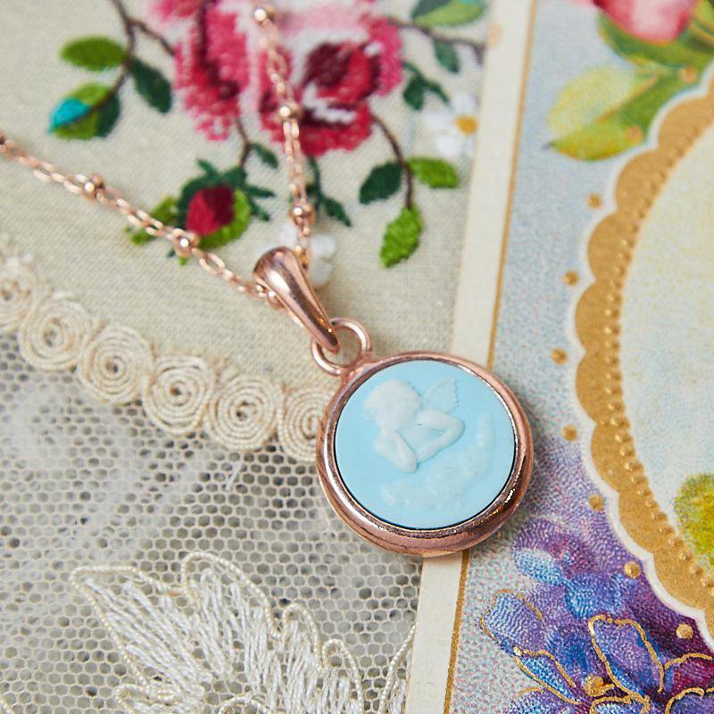Italian Handcrafted Rose Gold Plated over 925 Silver Turquoise Paste CHERUB Cameo Pendant Necklace(NHMA06S)