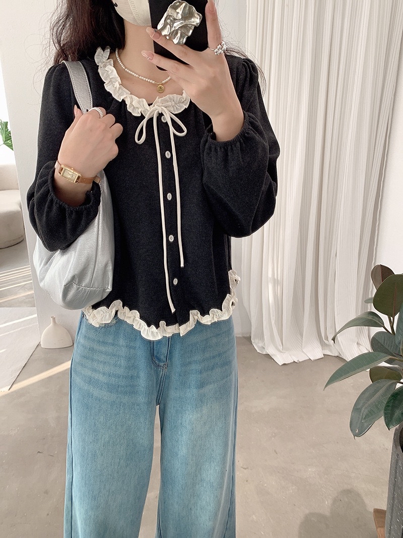 温柔风木耳边不规则波浪蝴蝶结上衣