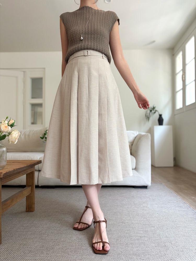 Linen Blend Pleated Skirt (Oat)