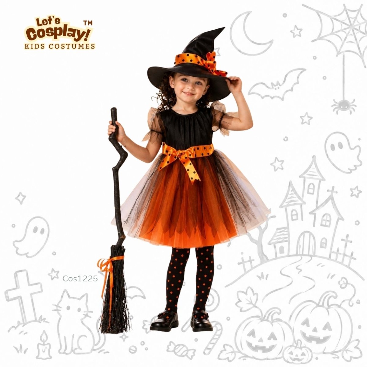 兒童萬聖節女巫主題服裝 橙黑女巫帽連身裙 Kids Witch Costume
