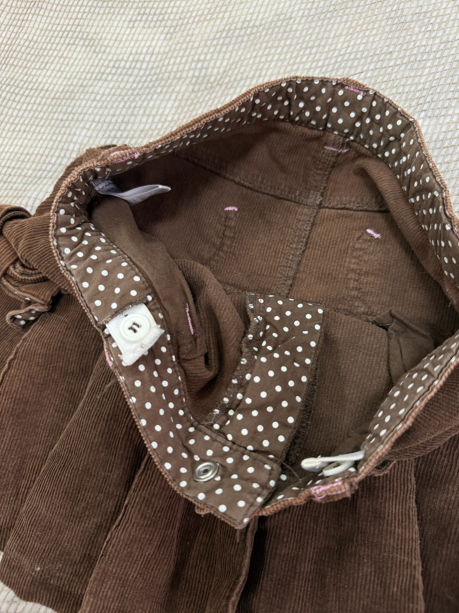 Brown Corduroy Pleated Mini Skirt with Side Bows and Polka Dot Lining