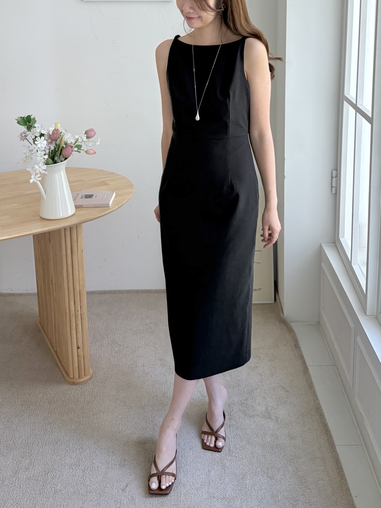 Linen Blend Twisted Strap Dress (Black)
