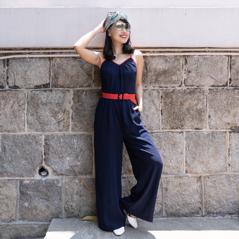 SOLD OUT 1940s Spaghetti Strap Patriotic Jumpsuit with Belt(FM111)
