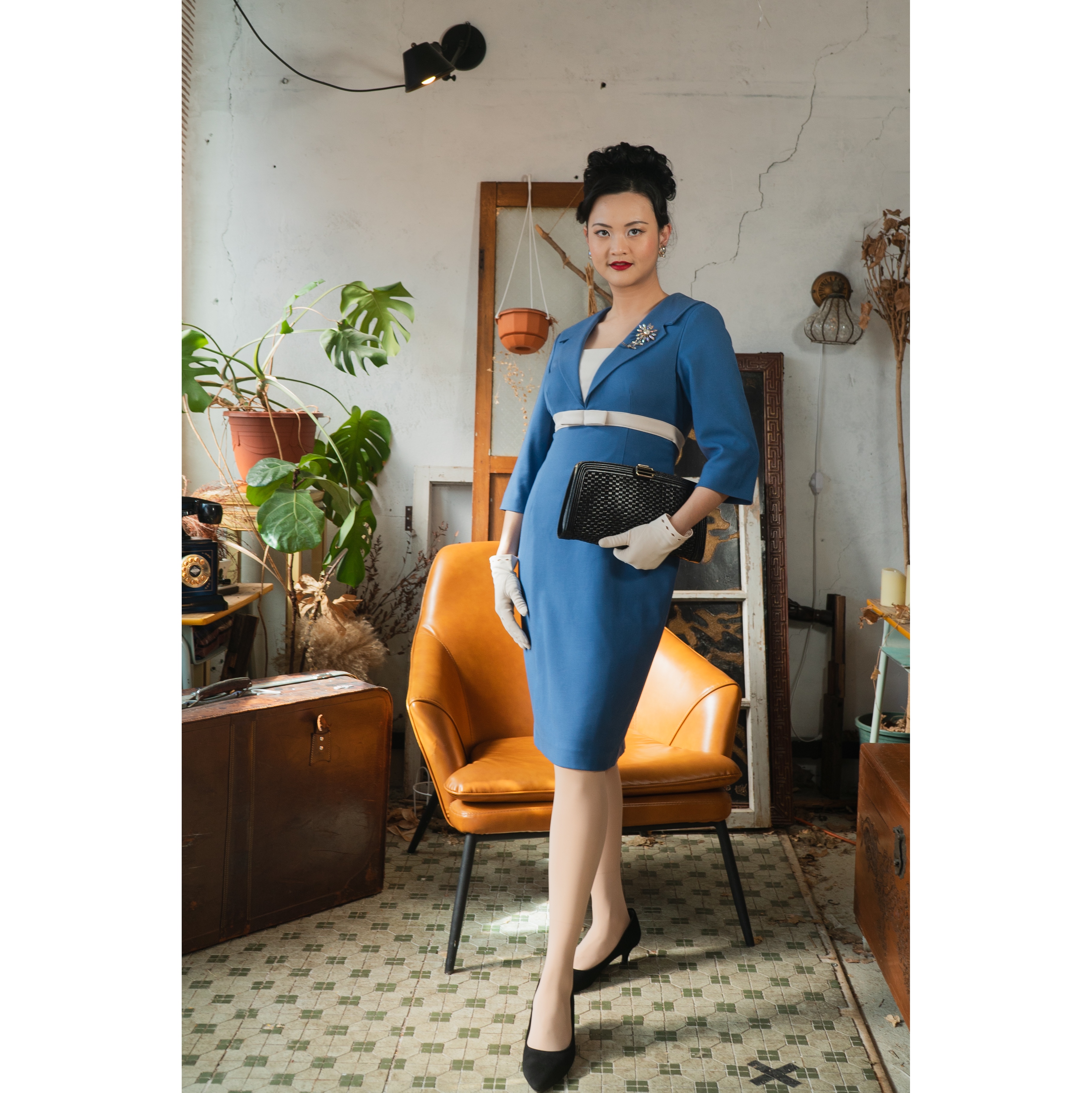(Ready Made) 1960s Style Blue & White Secretary Wiggle Dress(FM193)