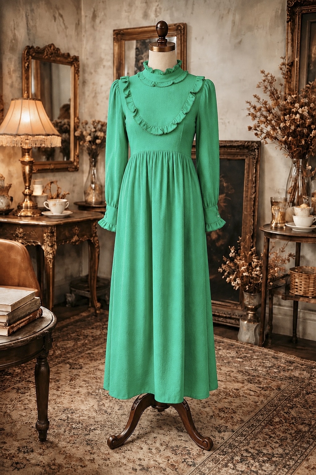 Vintage 1970s Victorian-Inspired Prairie Green Maxi Dress (MT2567)