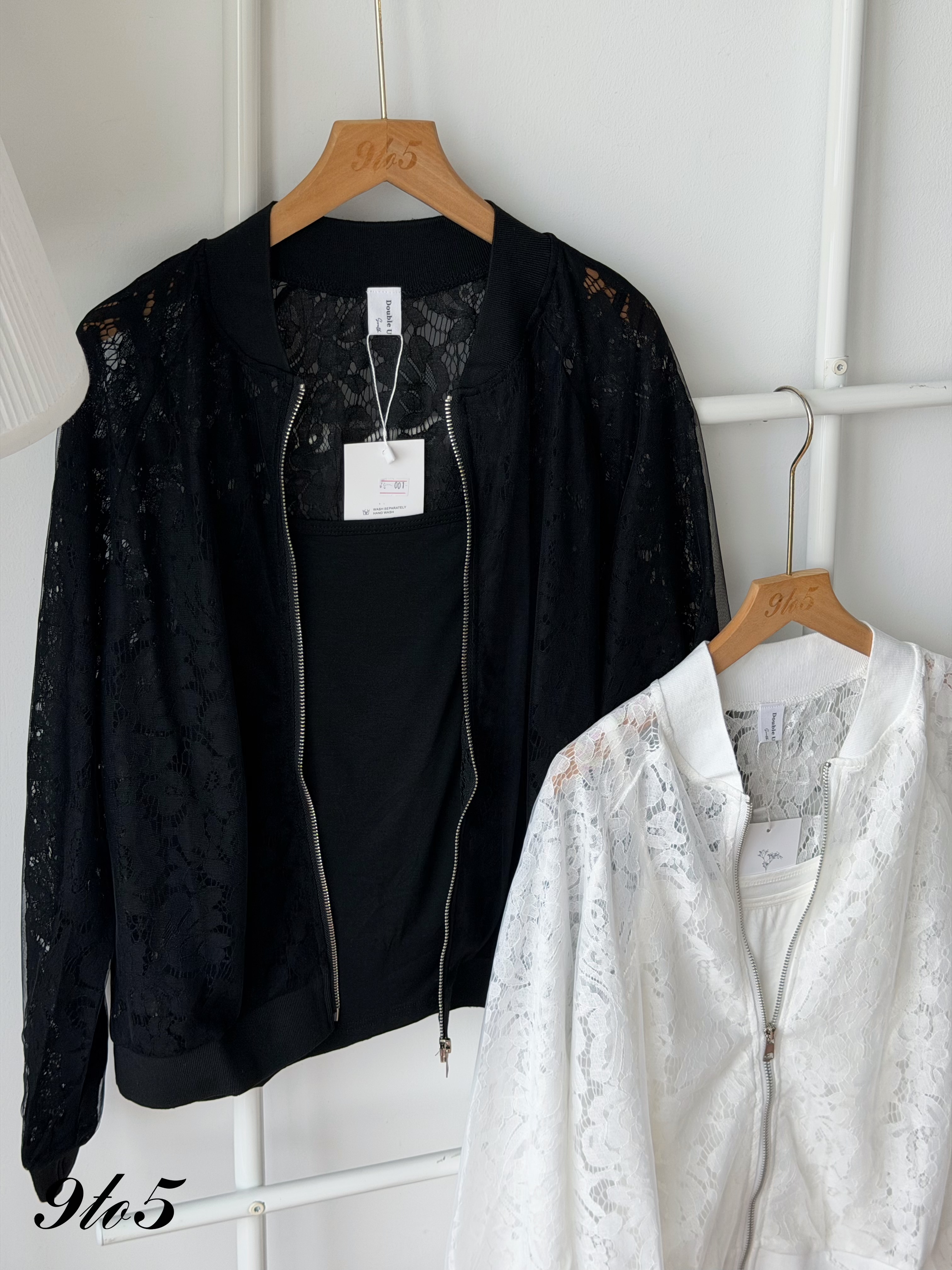 T4495 Long Sleeve Lace Bomber Jacket - Black & White