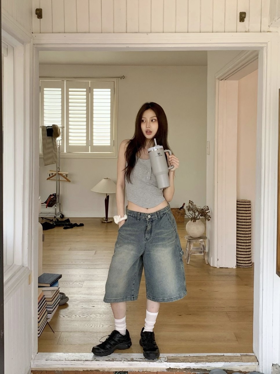 Washed Cargo Denim Bermuda Shorts