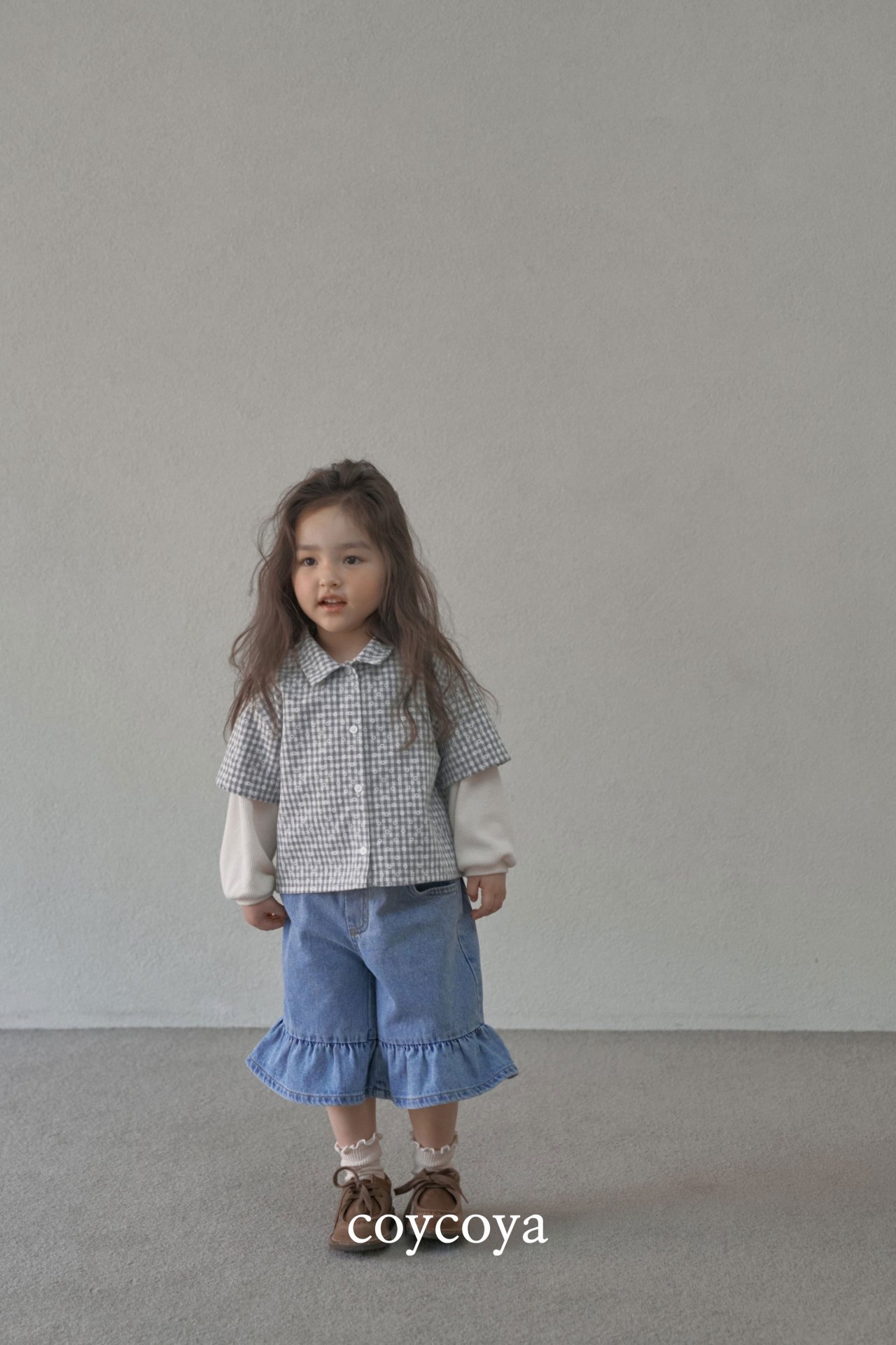 🌸預訂 韓國直送🌸🇰🇷COYCOYA兩色花花格紋假兩件寬鬆翻領長袖上衣
