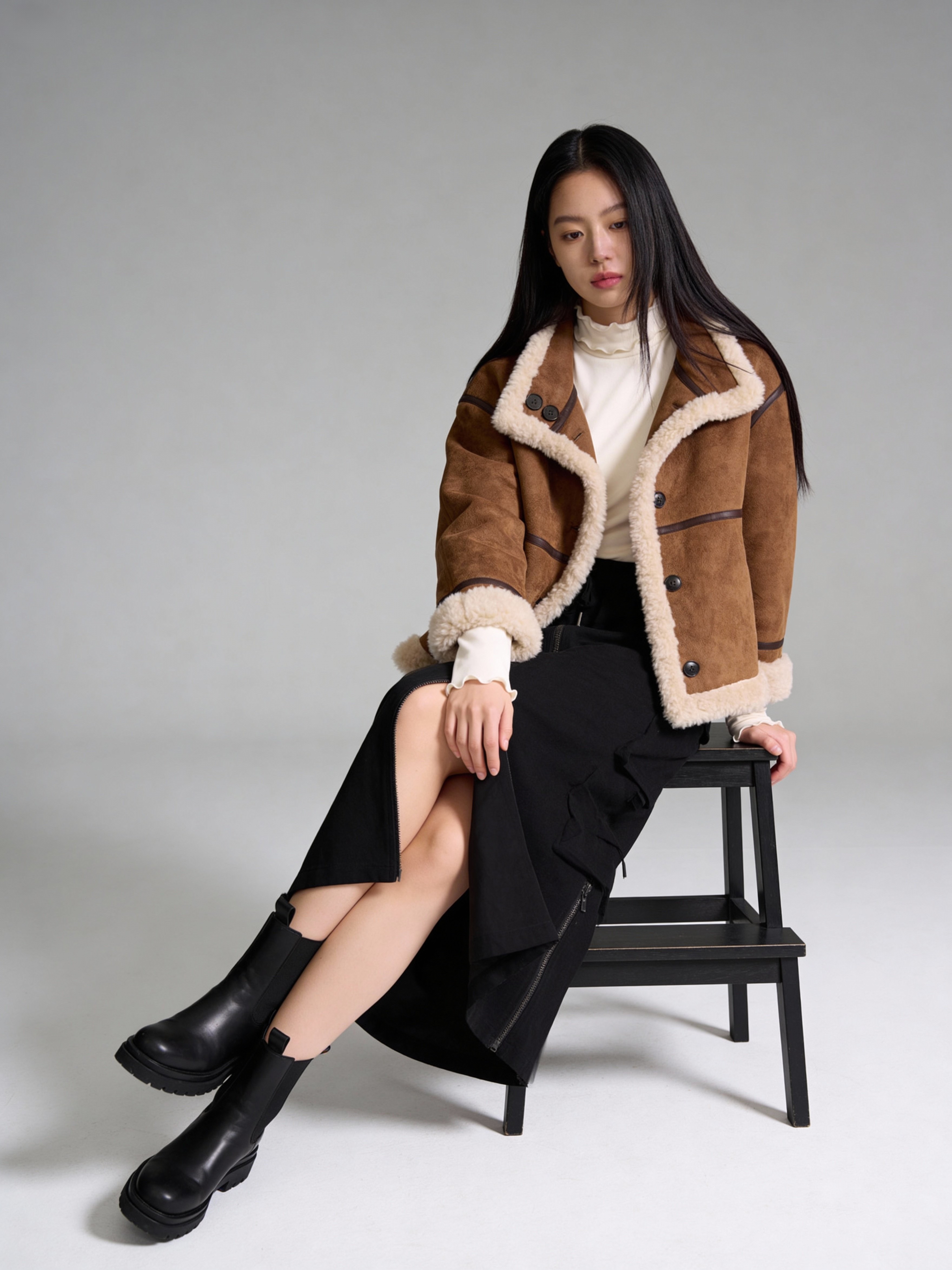 雙面穿麂皮毛領短版飛行夾克