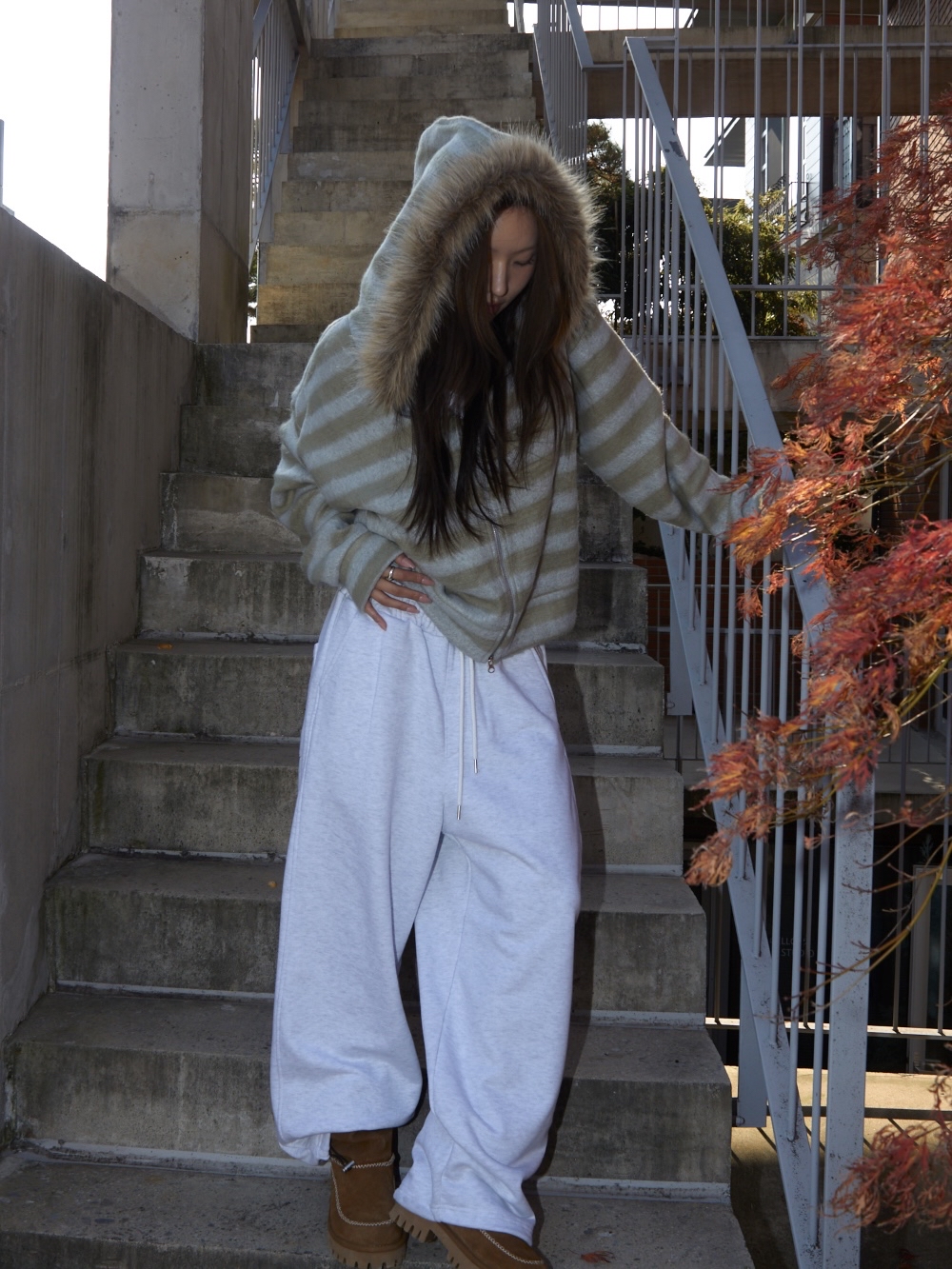 Striped Faux Fur Zip Hoodie(Unisex)