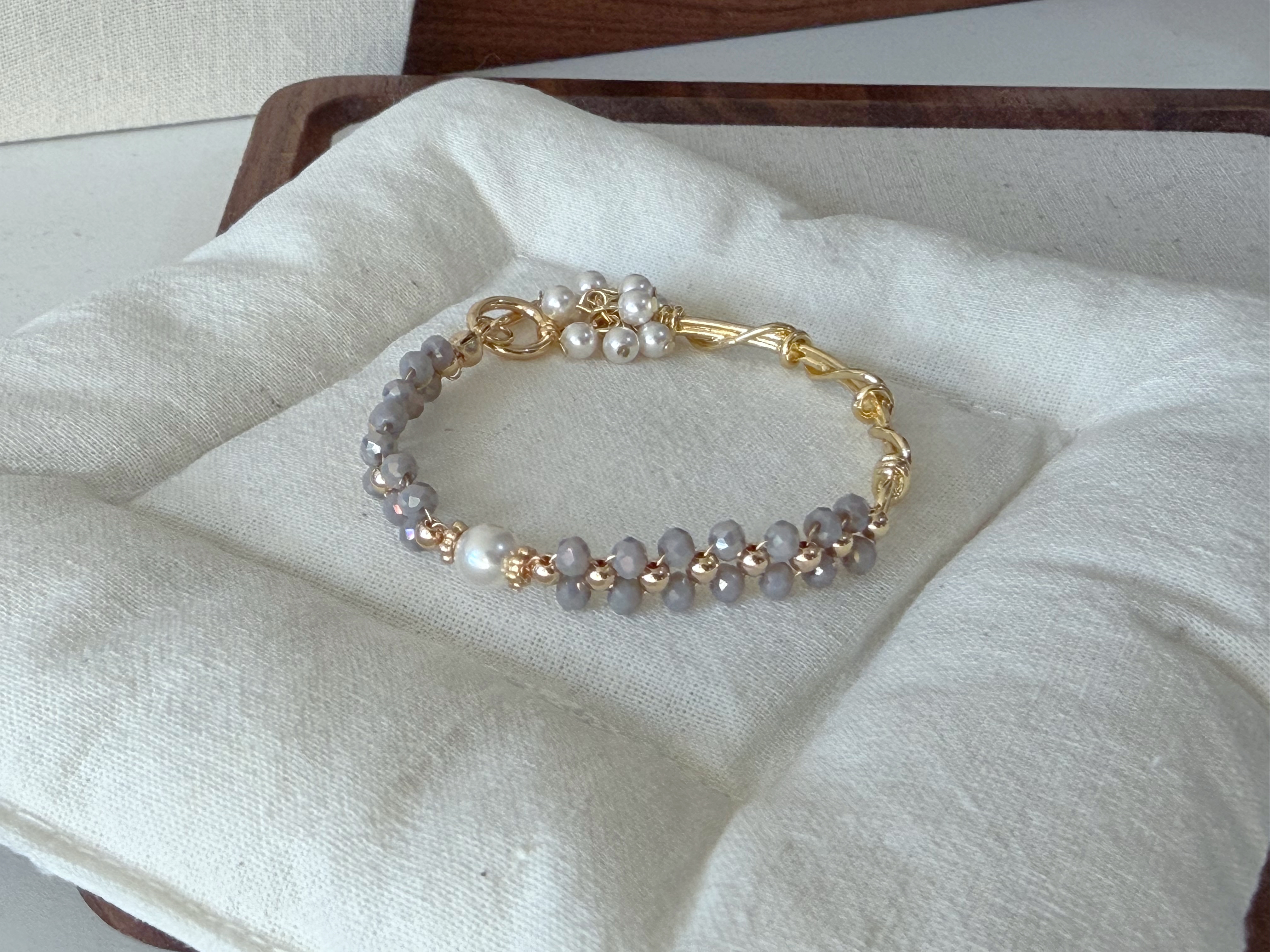 珍珠小花球併接手織手鍊/淺薰衣草x金色