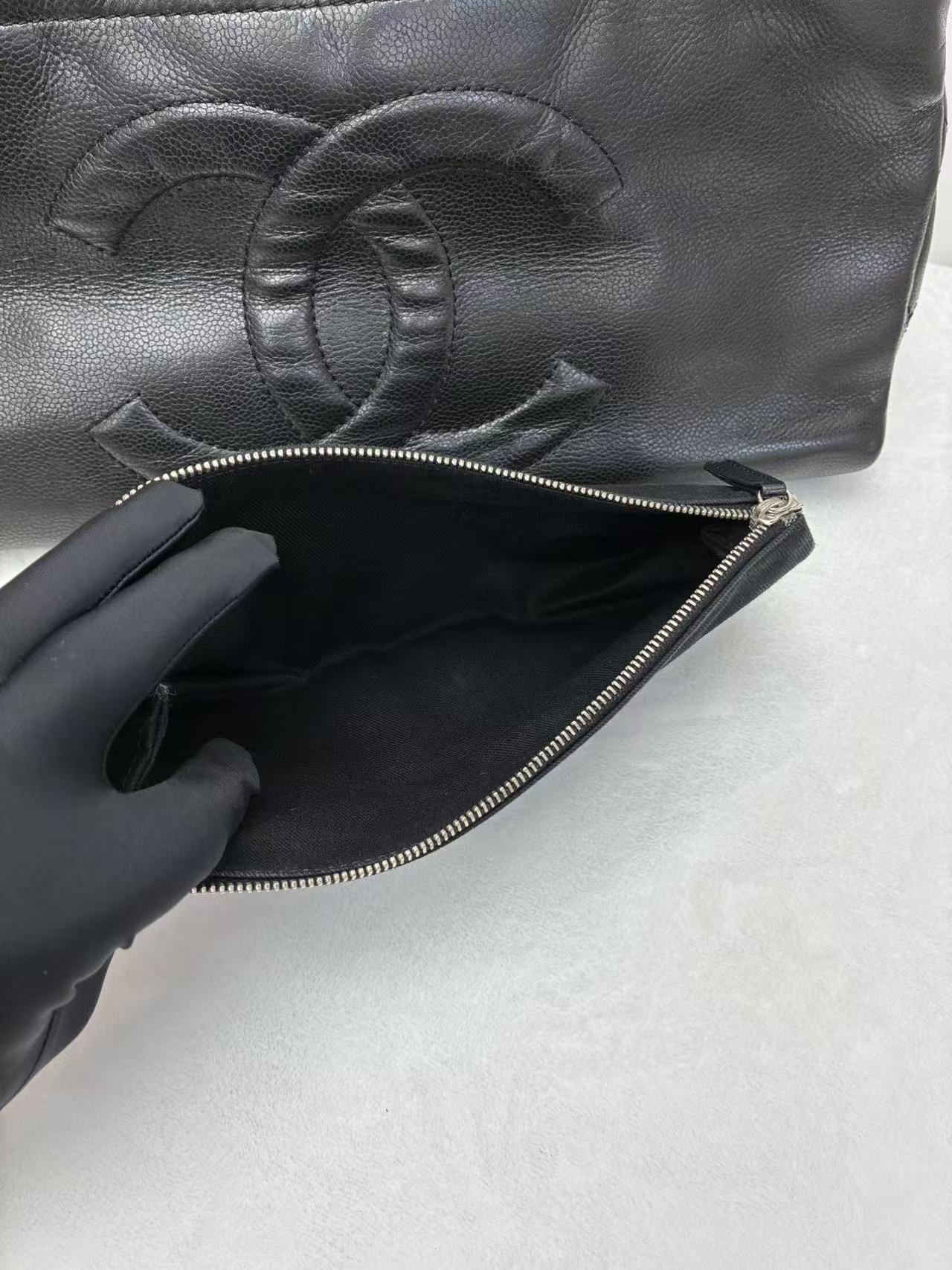 Chanel香奈兒橫版機場包 子母袋Tote購物袋 黑銀 荔枝牛皮 手提包 經典款大容量托特包 絕版收藏 