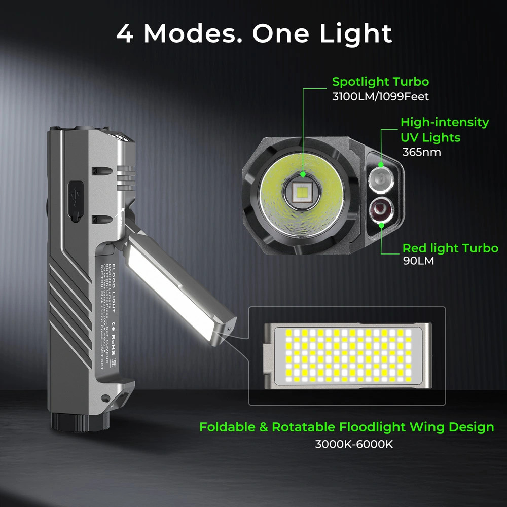 【新品上市】Wurkkos HD05 折疊式四合一 EDC 手電筒（聚光燈/泛光/紅光/紫外線），3100流明，射程335米，可旋轉180°翼狀泛光燈（3000–6000K）