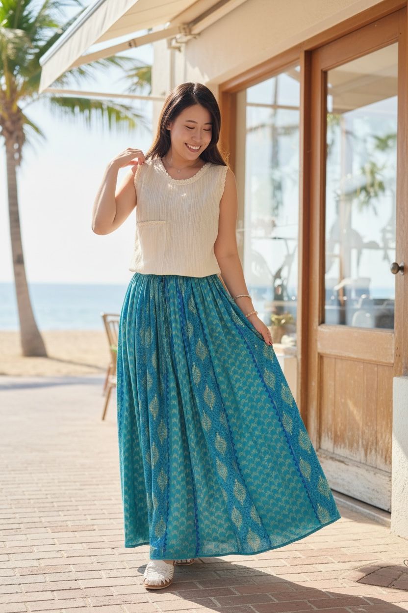 1627 Dreamy Ocean Blue Gold Print Skirt 40"