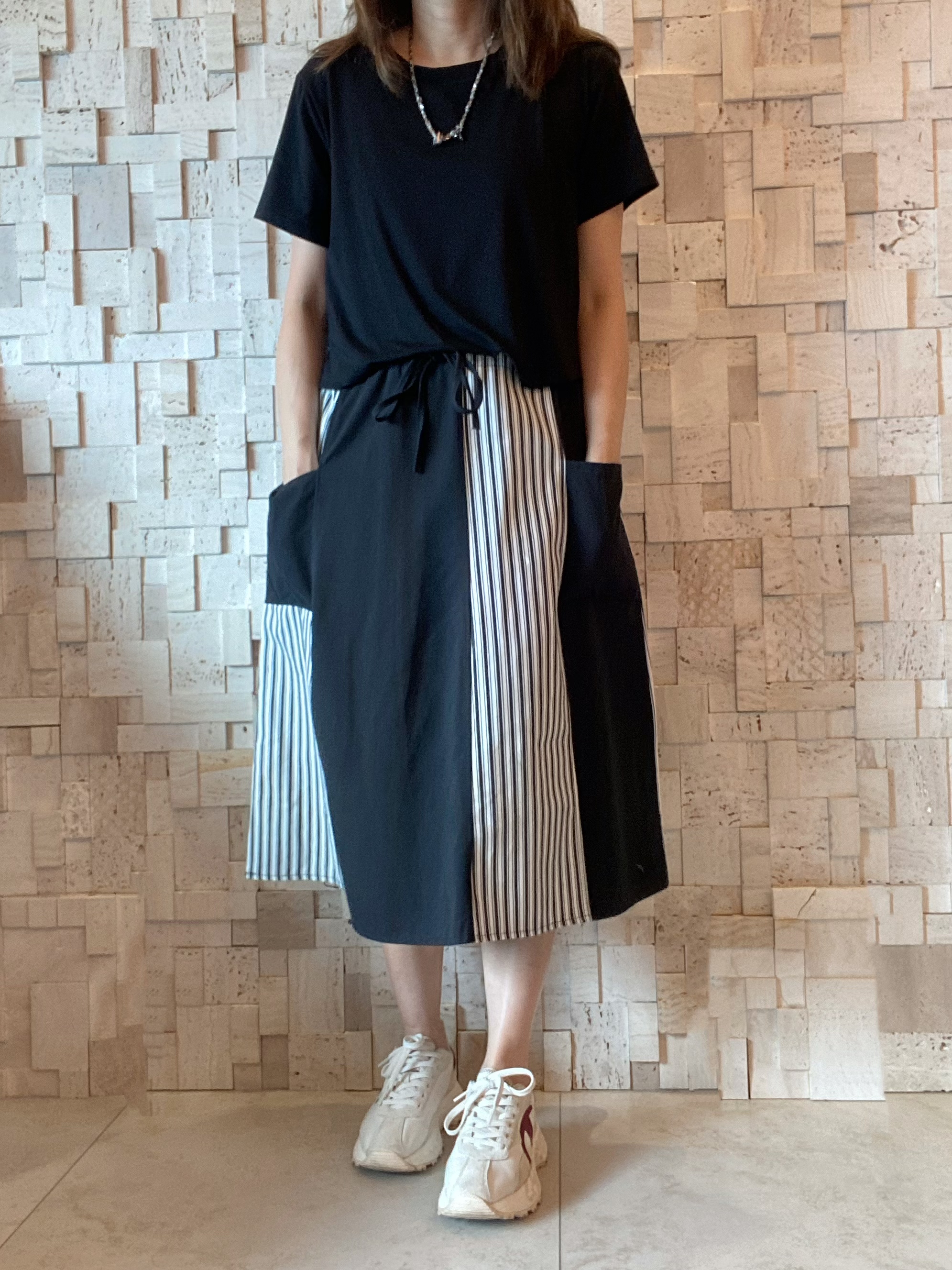 S00356 牛仔布拼條紋撞色Op