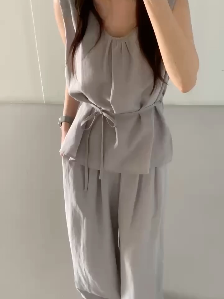 韓系時尚棉麻抓皺腰帶上衣寬褲套裝