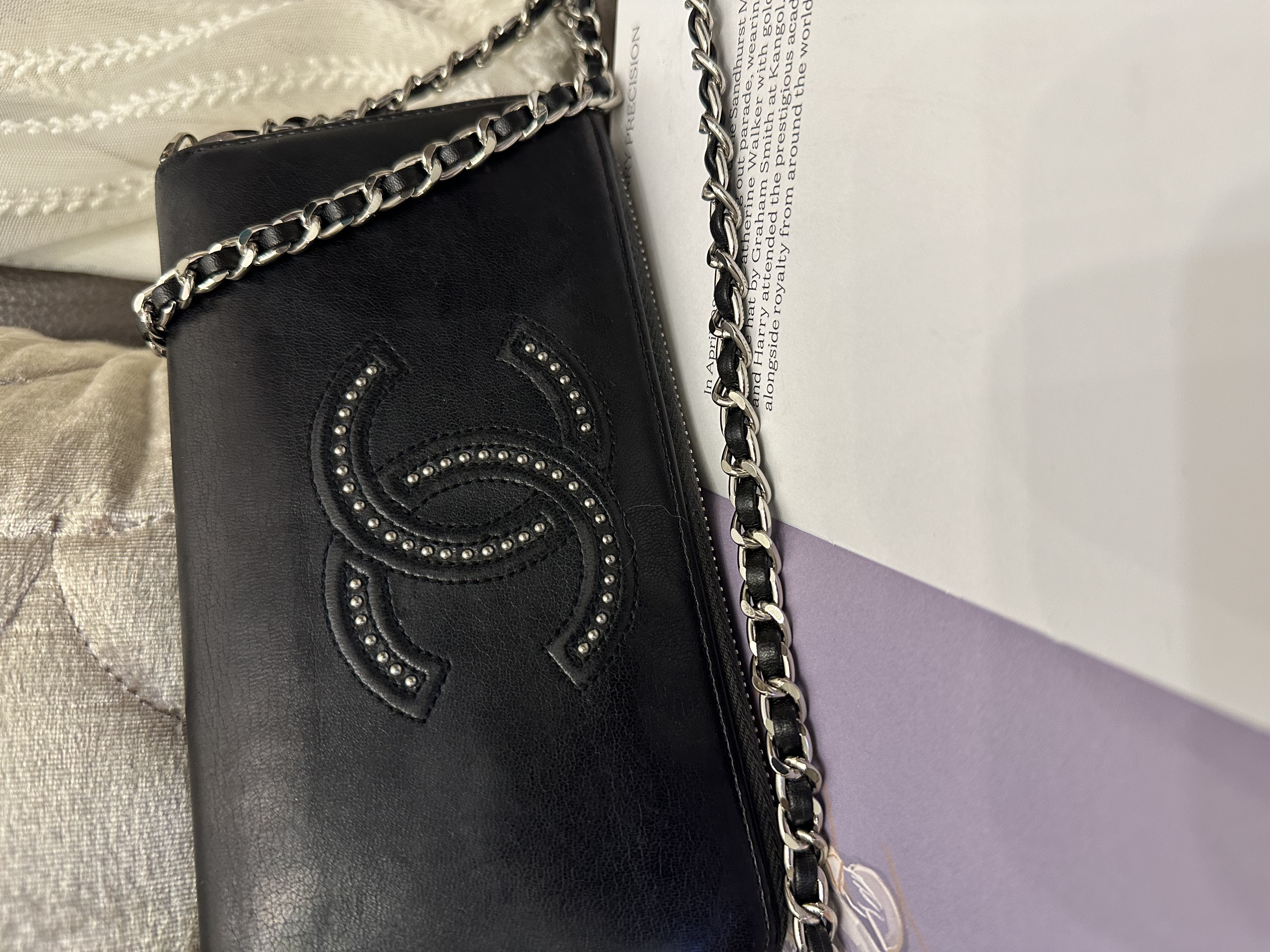 Chanel black leather long wallet