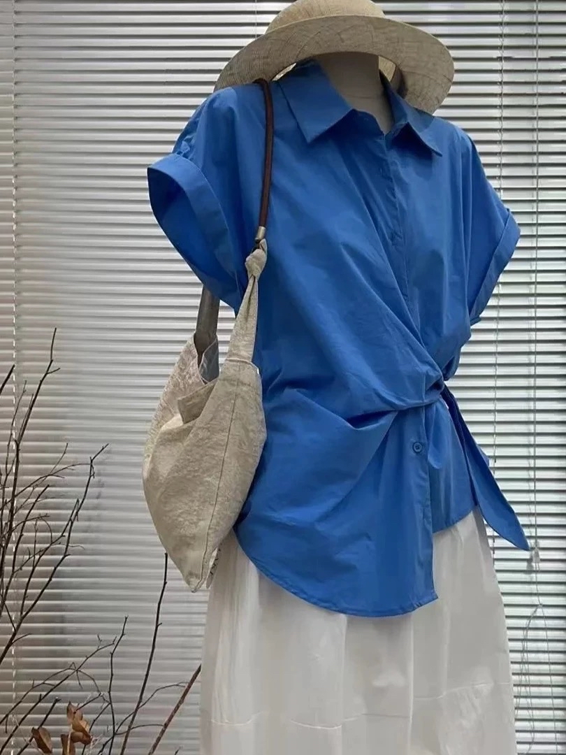 法式不规则收腰绑带设计短袖衬衫｜CN0124065BLUE